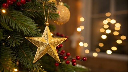 Golden star ornament hangs from a festive evergreen branch. illuminated soft glowing bokeh
