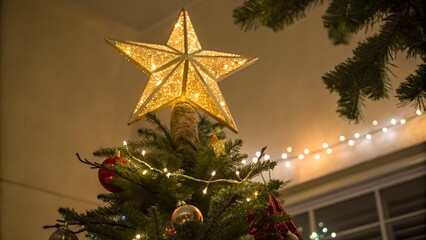 Golden star tree topper. Festivity. Shine. Christmas.
