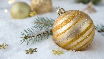 Golden striped Christmas ornament ball glitter and sparkles on white snowy surface. festive