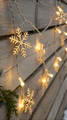 Golden string lights snowflake embellishments on a weathered wooden surface