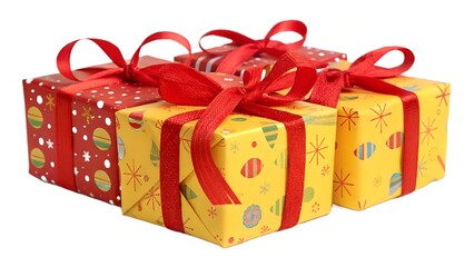 Group of festive gift boxes red ribbons isolated on transparent background