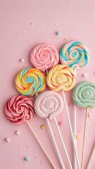 Grouping swirl lollipops on a solid pink background. creating a sweet and festive feeling
