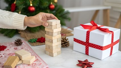 Hand holding wooden blocks a Christmas gift box. red ribbon. and a bow for a festive holiday