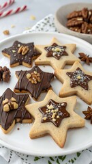 Handmade Christmas cookies shaped like stars and topped chocolate and nuts. beautifully