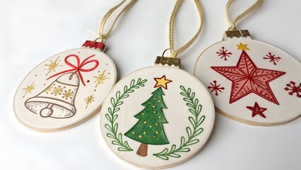 Hand-drawn Christmas ornament set including stars trees and bells perfect for holiday designs and
