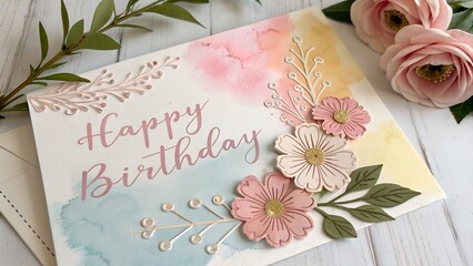 Handmade happy birthday card delicate watercolor background and floral accents