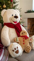 Happy cartoon teddy bear red scarf sitting holding cute gingerbread man cookie adorable christmas