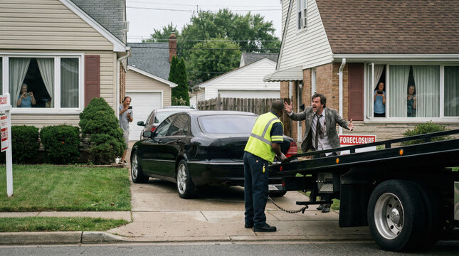 Economic bubble burst foreclosure eviction unfold in quiet suburban driveway