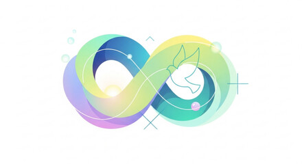 Fototapeta premium Infinity symbol with a dove and gradient colors representing eternity peace and hope isolated on white background for spiritual or abstract concepts