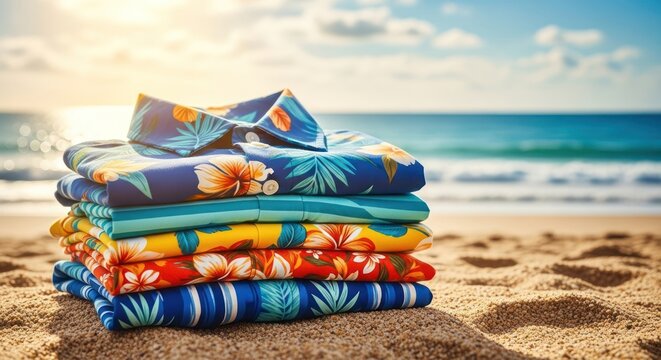 Colorful stacked Hawaiian shirts on sandy beach at sunset