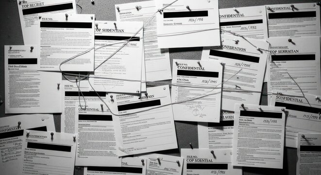 Confidential investigation board with redacted documents and string connections