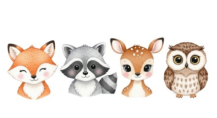Fototapeta premium Cute watercolor forest animal characters isolated on white background