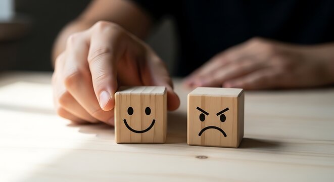Contrasting emotions smiling and angry faces on wooden blocks