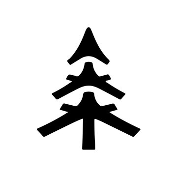 Stylized black vector christmas tree silhouette with horizontal branches, minimalist geometric fir tree icon for holiday design, nature symbol