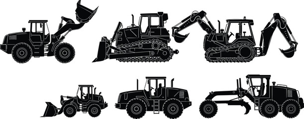Black silhouette construction machinery set with tower cranes, excavators, forklifts, dump trucks, bulldozers, concrete mixers, road rollers and professional builders isolated on white background © Aduri