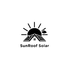 Sunroof solar: vector logo illustration of a house roof with solar panels under a stylized sun, symbolizing renewable energy and eco-friendly home solutions.