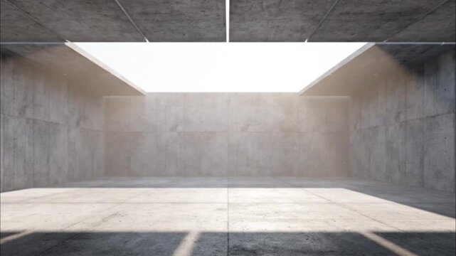 cycled 3d animation. Abstract background. Light and shadows move through the empty room with concrete walls and sliding ceiling