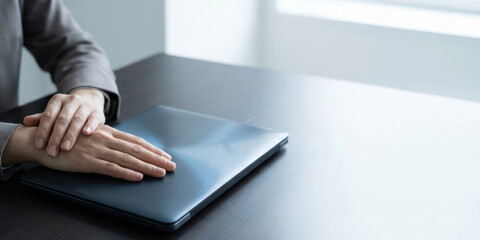 Business businessman online concept financial with growth laptop upward chart digital arrow creative datum technology as professional hand rest on closed computer on dark office desk