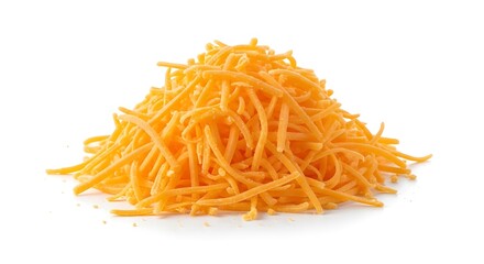 Fototapeta premium Pile of shredded cheddar cheese on white background shredded cheese pile of cheese 1 orange cheese