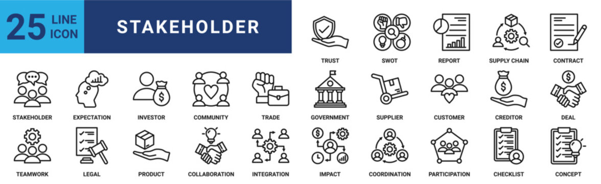 Stakeholder icon set. Containing investor, community, trade, government, supplier, customer, creditor and more. Outline vector icons collection