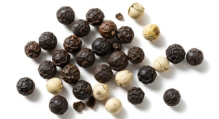 Obraz premium Black and white peppercorns scattered on white background black peppercorns spices 1 seasoning