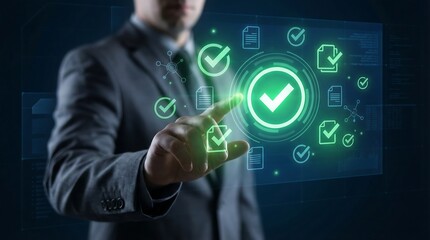 Obraz premium A businessman interacts with a futuristic holographic display of green checkmarks and data symbols suggesting successful verification high quality professional detailed modern