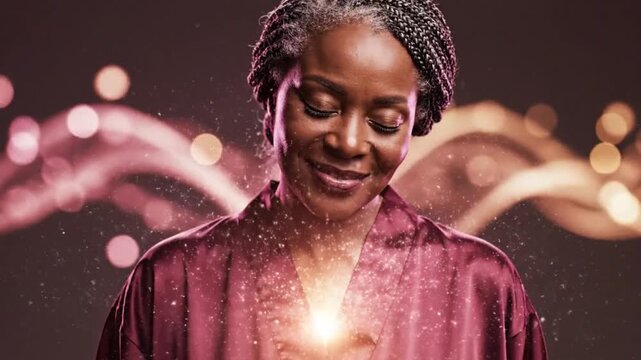 Smiling Woman Meditating with Glowing Heart and Light Trails