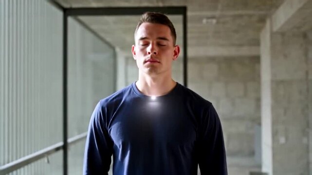 Young Man Standing Calmly in Modern Interior
