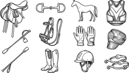 Equestrian equipment hand drawn illustration set with saddle, bridle, helmet, boots and horse riding accessories, vintage line art for equine sports design © David  Creations
