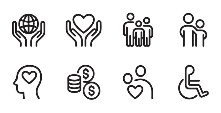 Social responsibility and global support icon set, people care and financial help
