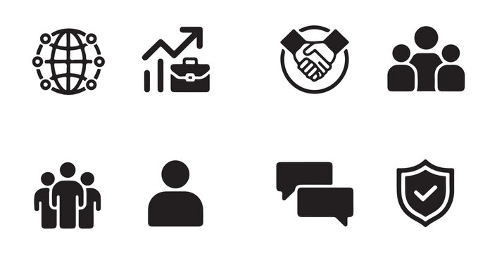 Global network, business growth, partnership, team, communication and security icon set