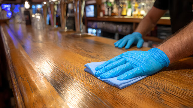 Professional Bartender Cleaning Wooden Counter Using Blue Gloves And Cloth
