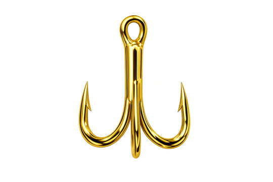 Gold treble fishing hook, shiny metallic fish trap for angling, transparent background 3d rendering
