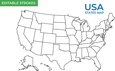 United States map with state borders illustration, editable stroke outline USA states geography chart, black and white vector design © David  Creations