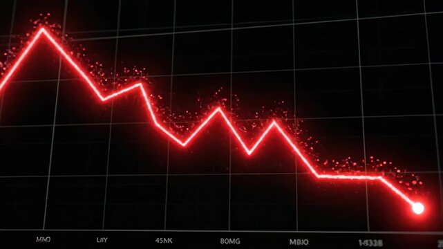 Declining red line graph on black background illustrating economic downturn
