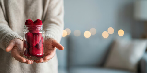 Hand jar love emotion thank with gratitude bokeh light charity care holiday concept valentine gift nubes fill heart shape in glass container for tender support and romantic donation idea