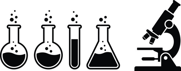 Laboratory science equipment icon set with chemical flasks, test tubes and microscope, medical research and chemistry symbols, black and white vector illustration