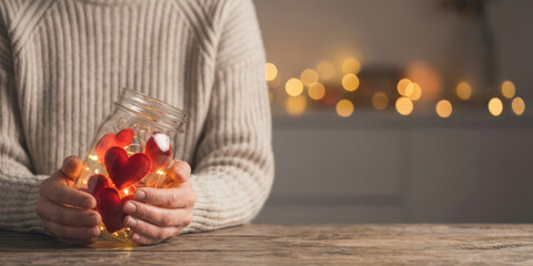 Hand hold glass jar with love and gratitude, glowing bokeh light and heart gift show holiday charity care emotion concept under soft nubes background with warm thank feeling
