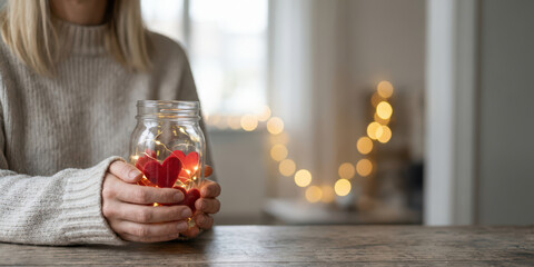 Hand jar love emotion thank with gratitude bokeh light charity care holiday concept nubes valentine gift scene with woman holding glowing heart decoration on wooden table at home