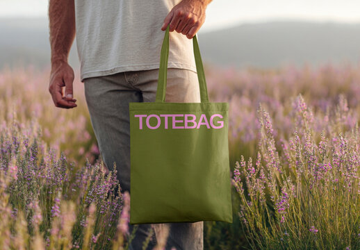 Eco Friendly Tote Mockup In Lavender Field PSD