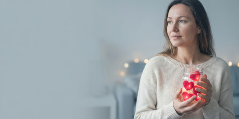 Hand jar love emotion thank with gratitude bokeh light charity care holiday concept valentine gift woman hold glowing heart nubes in cozy room wall
