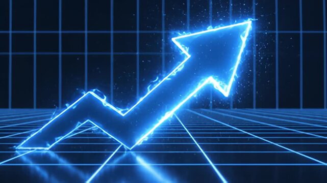 Digital arrow ascending on grid background with glowing blue light