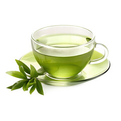 A cup of green tea with fresh mint leaves isolated on a white background