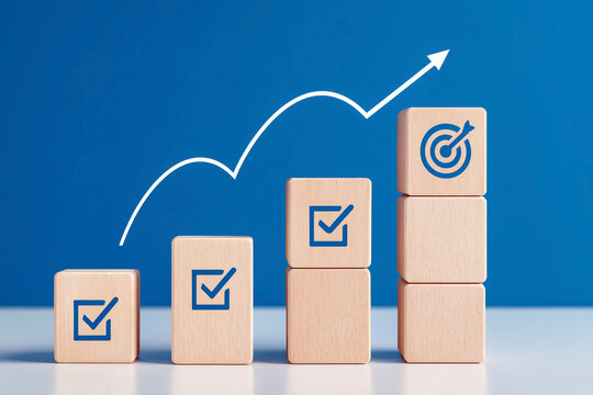 Steps for goal achievement and business success. Project tracking and task completion. Managing project timeline with upward growth. Strategic planning and milestone visualization.