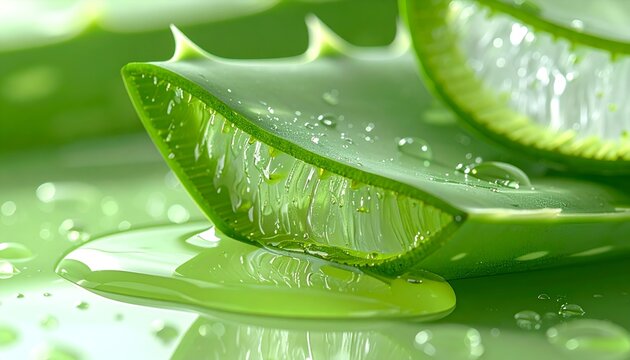 Fresh aloe vera gel on sliced leaves with water droplets