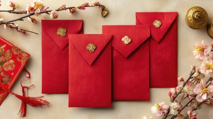 Traditional Red Envelopes Symbolizing Blessings for Celebrations and Festivals with Cherry Blossom Accents