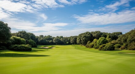 Fototapeta premium Lush green golf course fairway with trees and blue sky grass