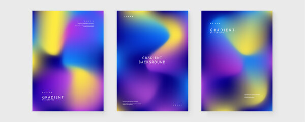 Fototapeta premium Collection of three vertical posters featuring soft liquid mesh gradients in blue yellow and purple with grainy texture and minimalist typography
