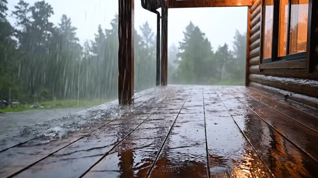 Pouring Rain Falling on a Rustic Cabin Porch with Forest Backdrop