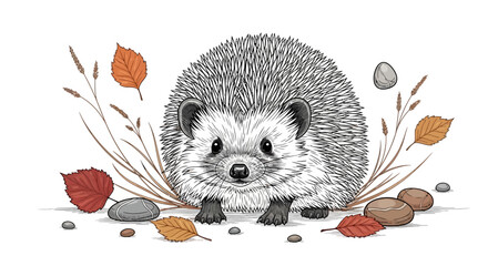 A cute illustration of a hedgehog surrounded by autumn leaves and stones on a white background, symbolizing National Hedgehog Day with a kawaii design aesthetic. © Anggita